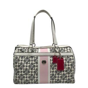 Coach Gray Pebbled Leather Signature Stripe Heritage Satchel Bag F15132